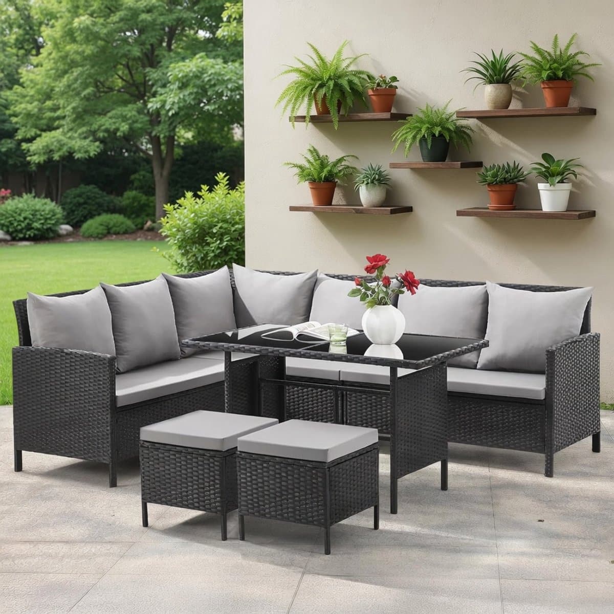 royal xl l vormige polyrotan hoekloungeset zwart met glazen eettafel &