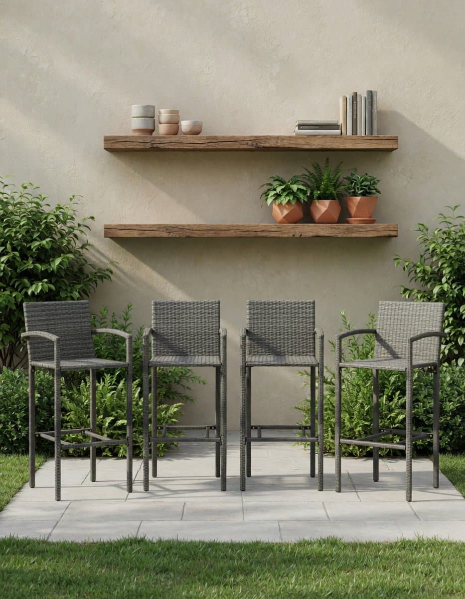 set van 4 tuinbarkrukken grijs polyrotan barstoel keukenkruk met