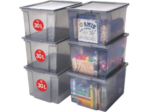 Set van 6 stapelbare opbergdozen met deksel - 30L