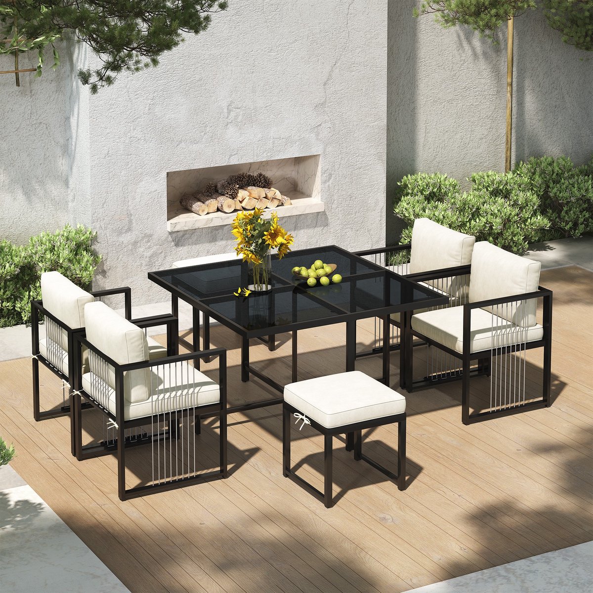 sweiko tuin dining loungeset 7 delig glazen tafelblad