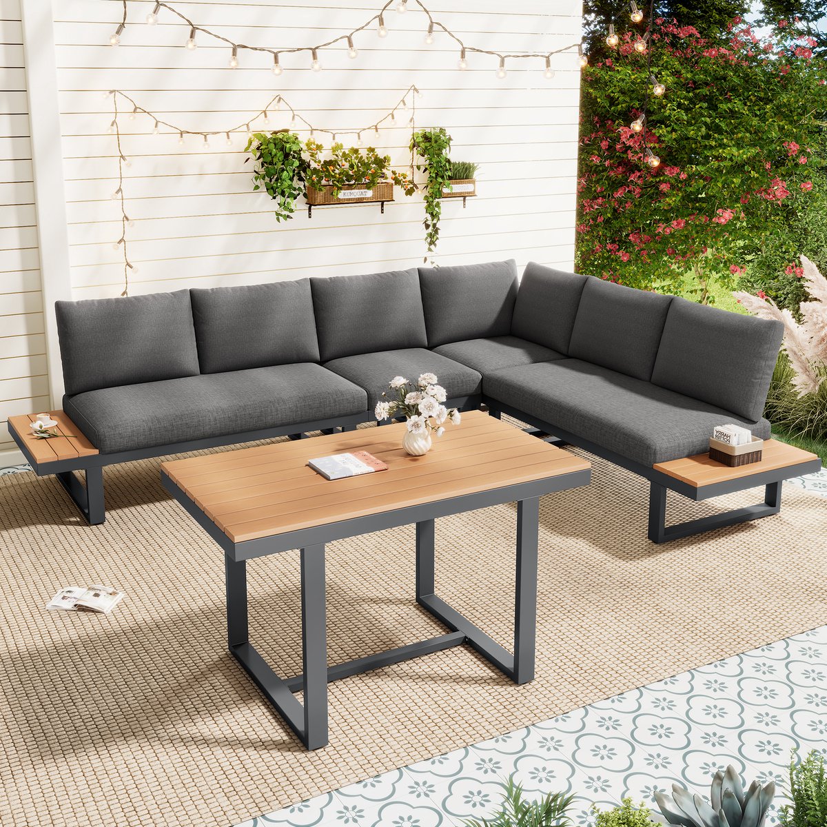 tuin hoek loungeset verstelbare rugleuning (5 standen) grijs
