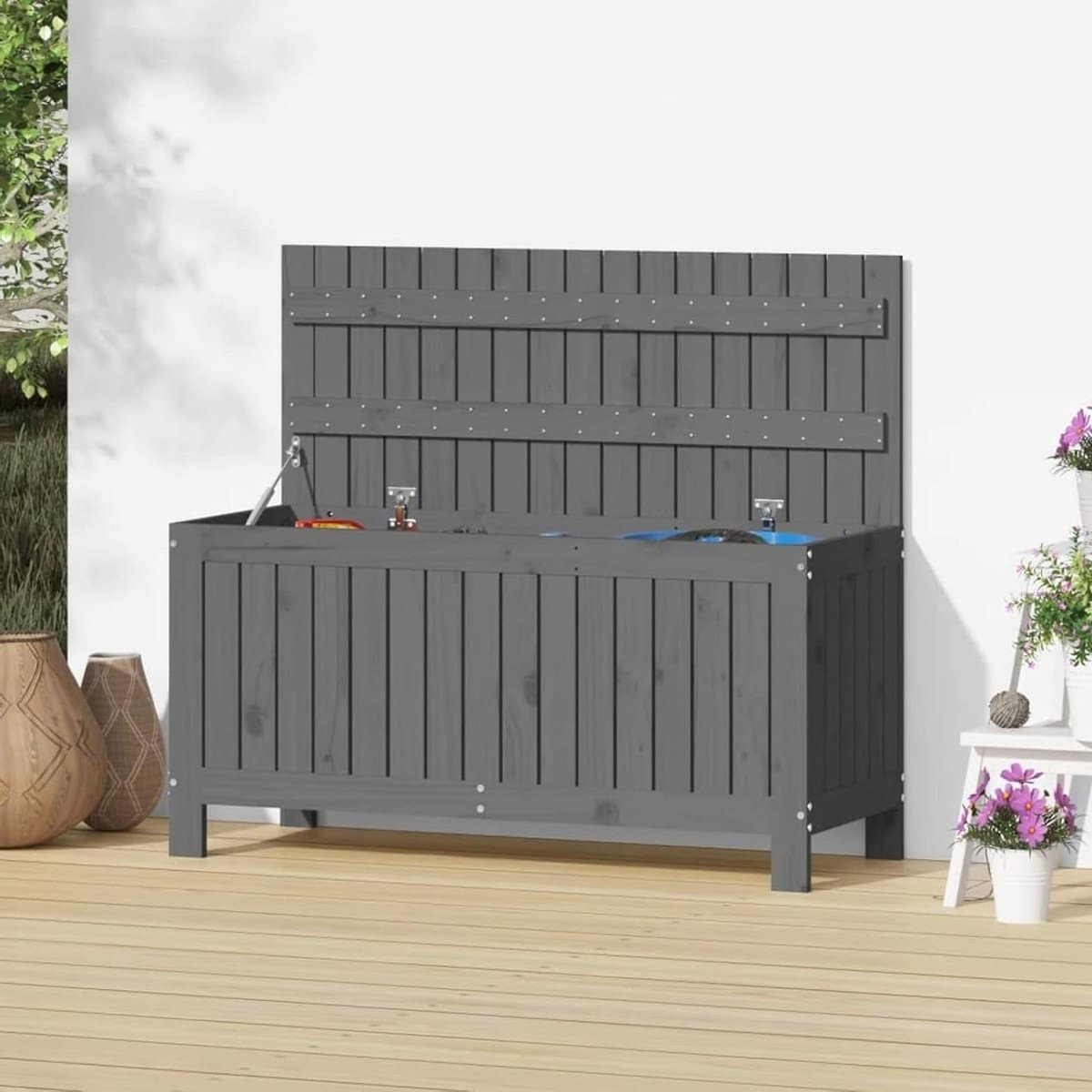 tuin opbergdoos houten kist tuinspullen opbergen hydraulische