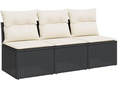Tuinbank 3-zits met kussens polyrattan zwart buitenmeubilair loungebank