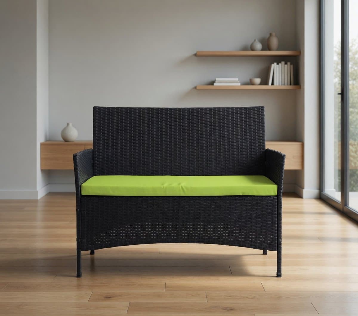 tuinbank polyrotan antraciet 106cm met groen kussen lounge zitbank