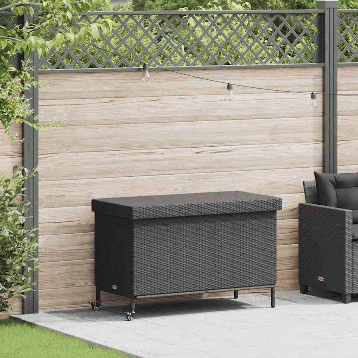 tuinkist met wieltjes opbergbox tuin buitenopslag kussens