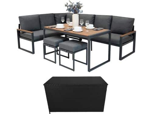 Tuinmeubel Set Houteffect Aluminium Rotan Opbergbox Zwart 582L Buiten Zitbank