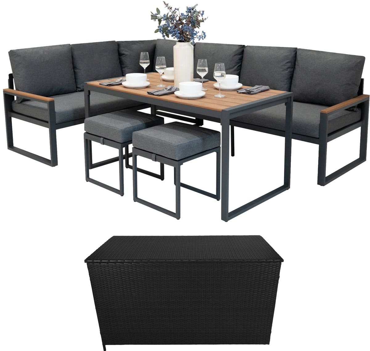 tuinmeubel set houteffect aluminium rotan opbergbox zwart 582l buiten zitbank