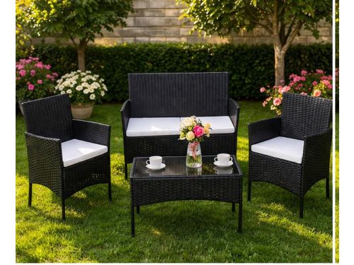 Tuinmeubelset 4 Personen - Polyrattan Balkonset Zwart, Weerbestendig Lounge Set