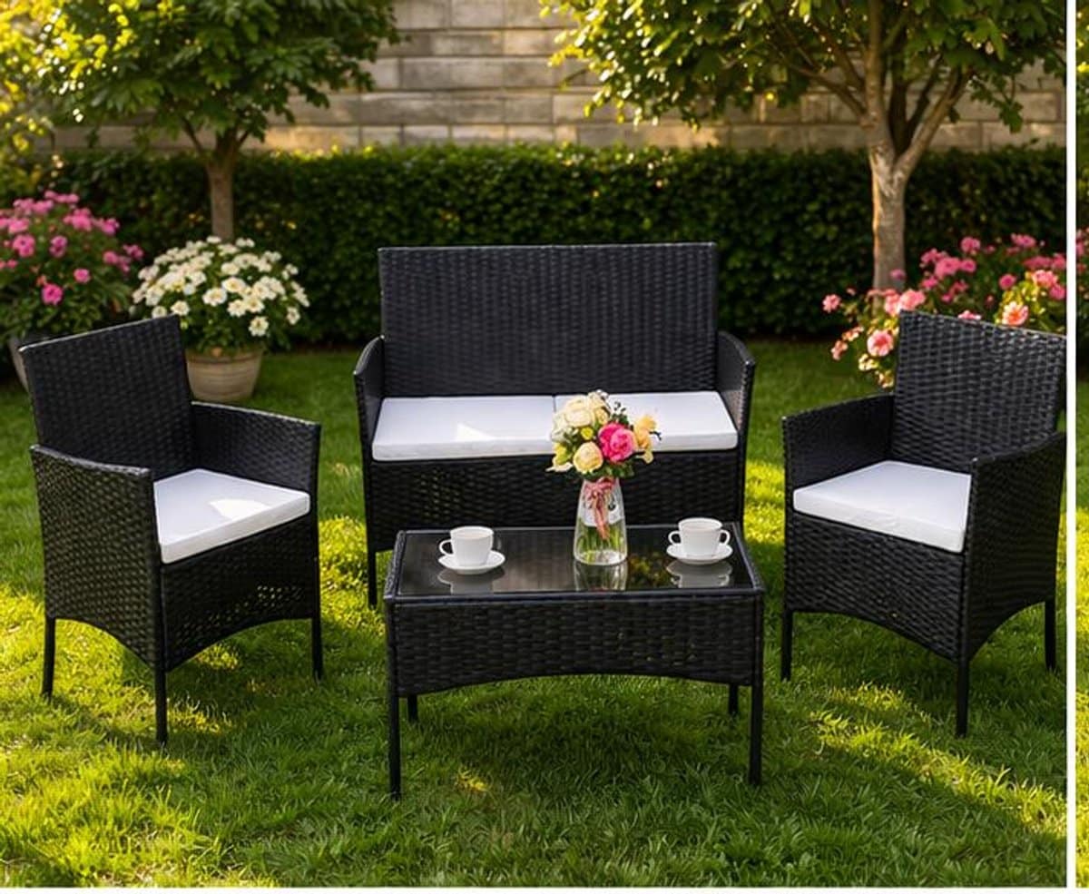 tuinmeubelset 4 personen polyrattan balkonset zwart, weerbestendig lounge set