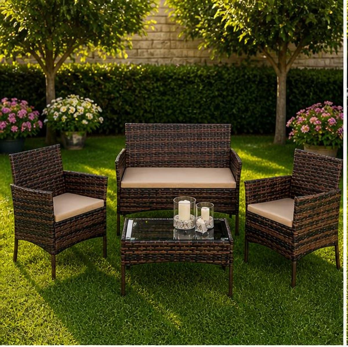 tuinmeubelset 4 personen polyrattan balkonset zwart, weerbestendig lounge set
