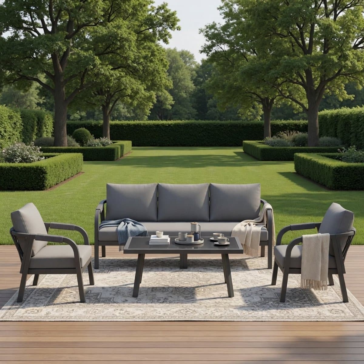 tuinmeubelset 7 personen grijs bank + fauteuil + salontafel