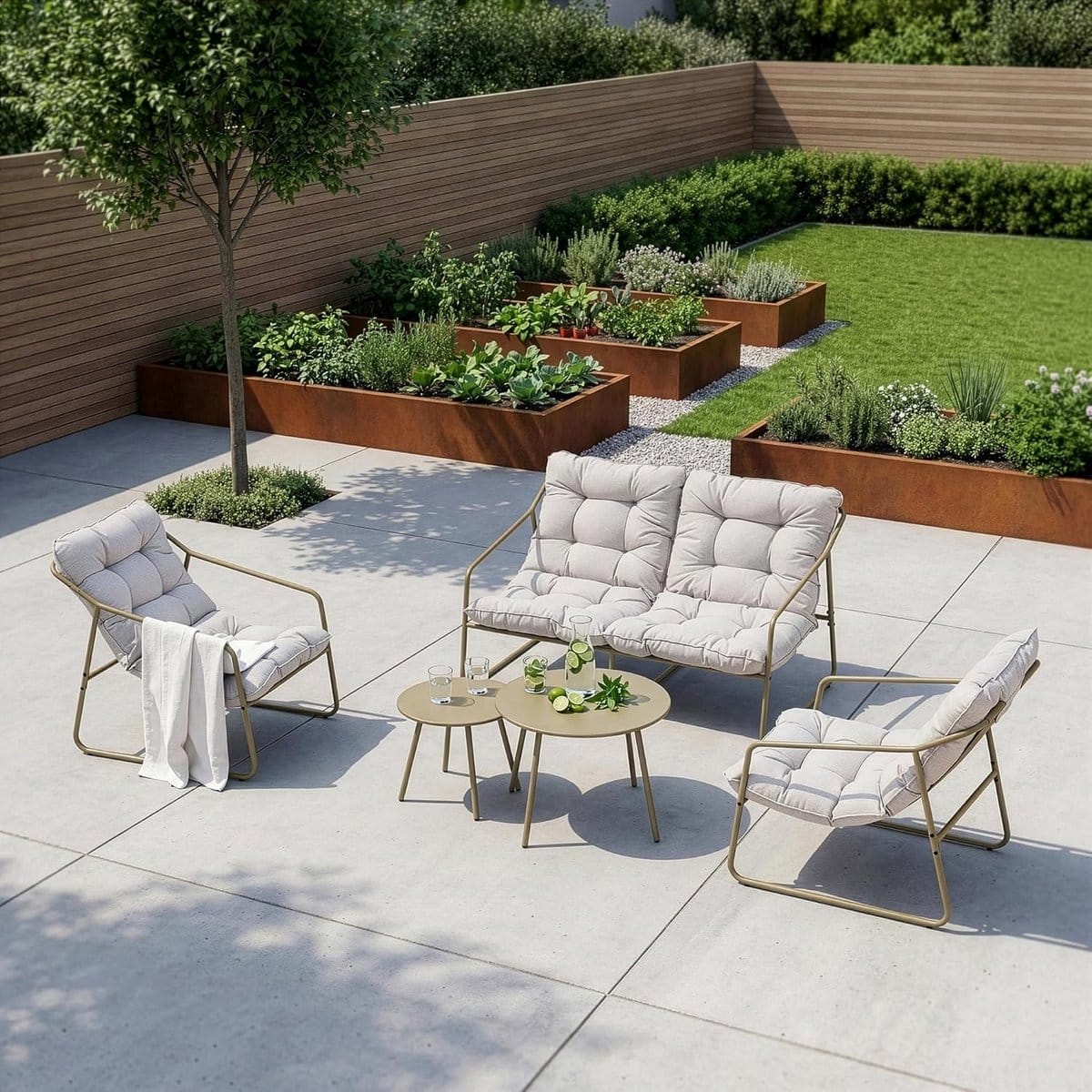 tuinmeubelset kivanta 5 delige loungeset met bank, stoelen, tafel en kussens