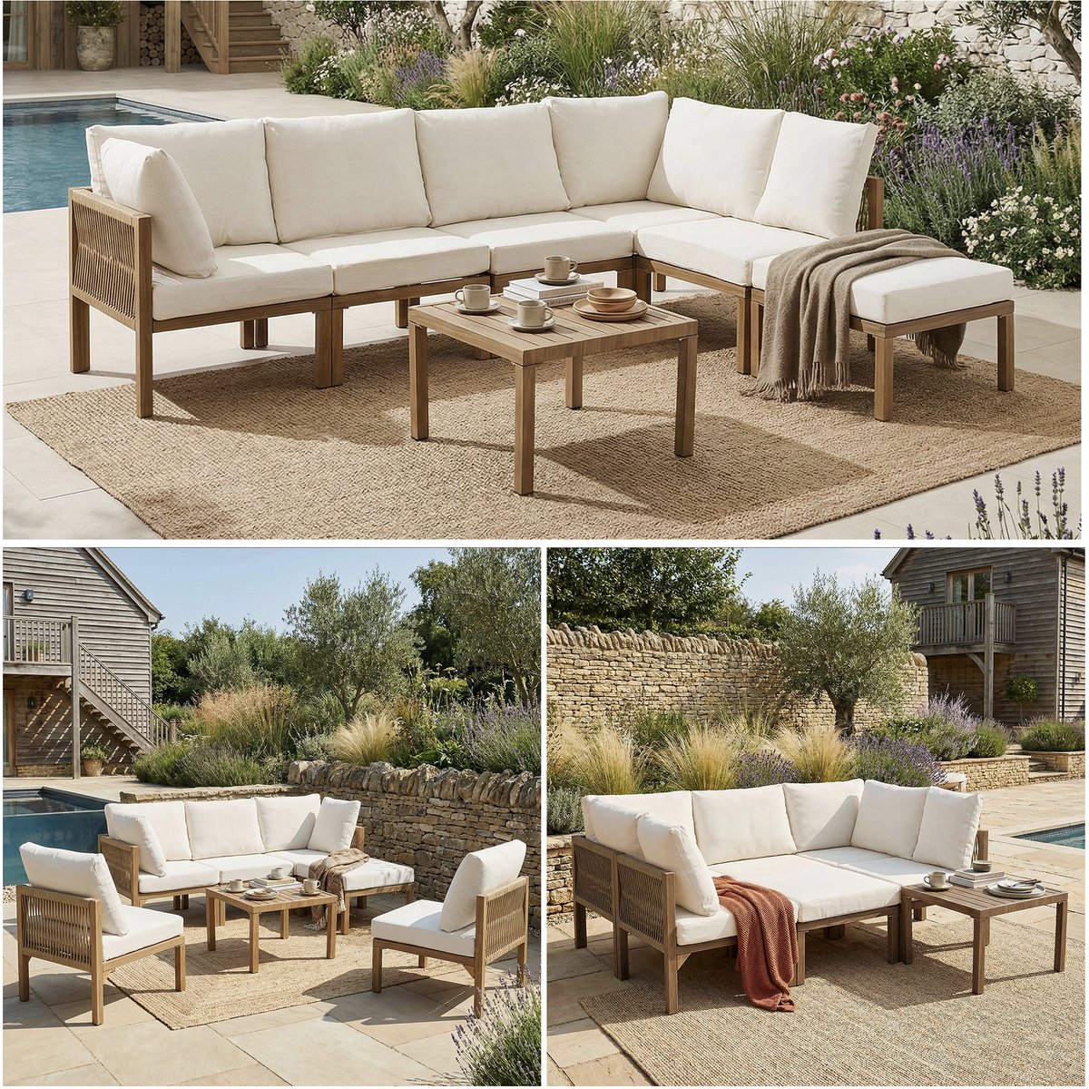 zubaliya modulaire tuinset beige/hout 6 delig transformeerbaar ligbed