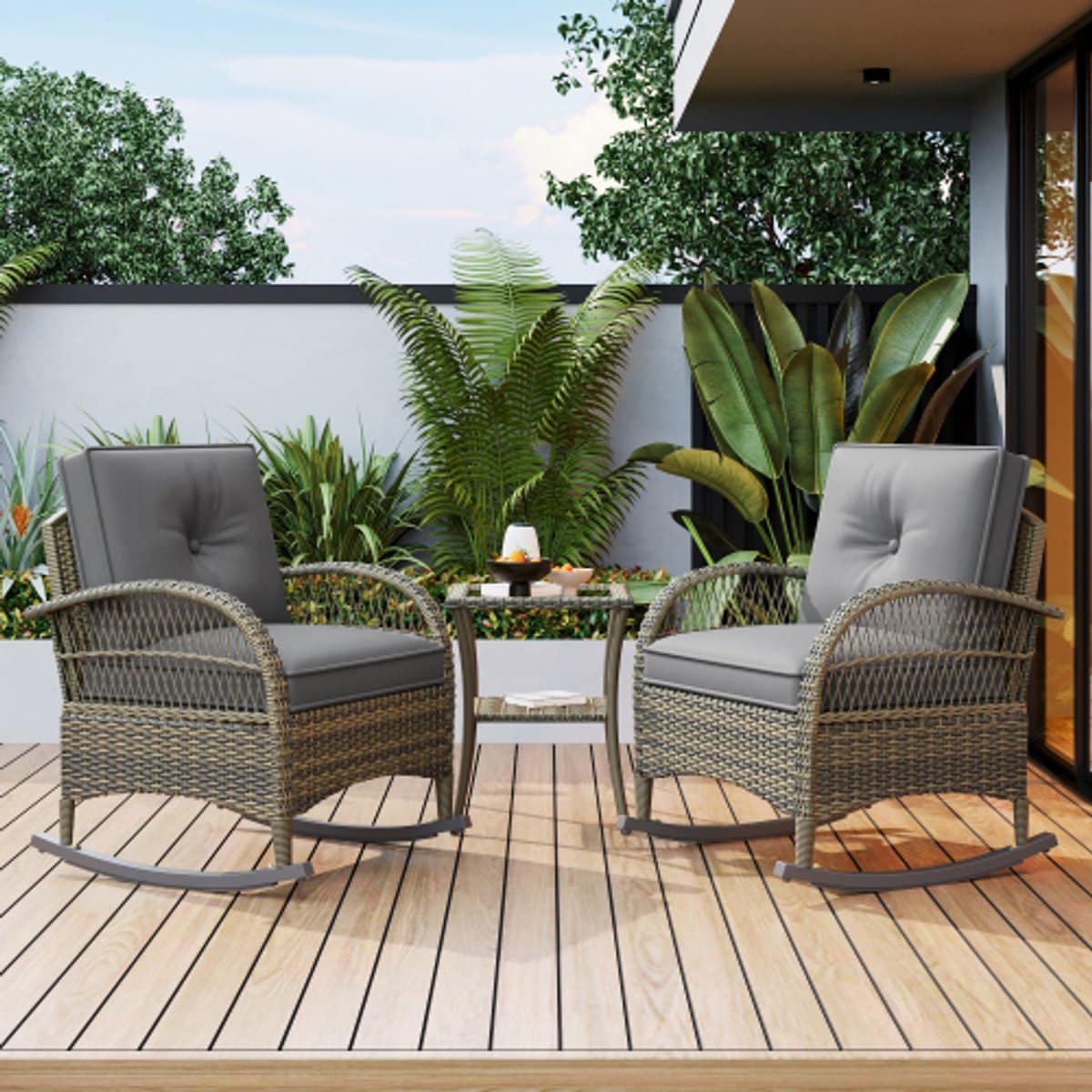 zubaliya rattan balkonset 3 delig grijs 2 schommelstoelen