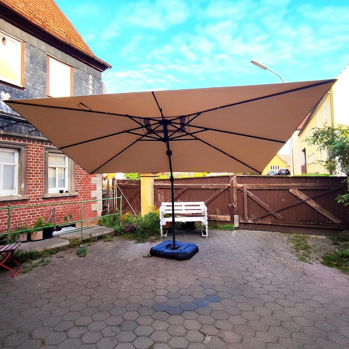 zweefparasol 270×350 cm rechthoekig met standaard 360° draaibaar