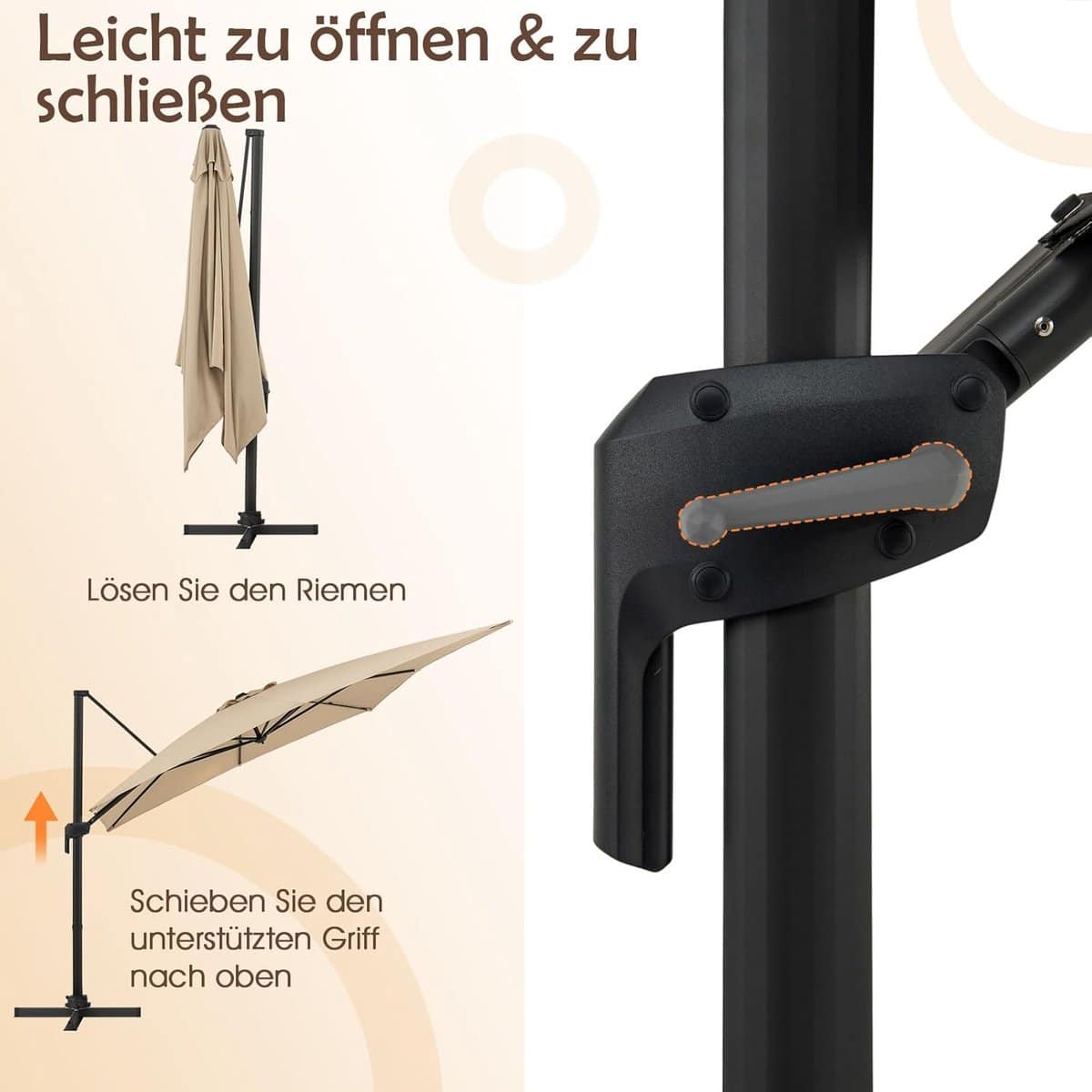 zweefparasol 300×300 cm vierkant kantelbaar & 360° draaibaar