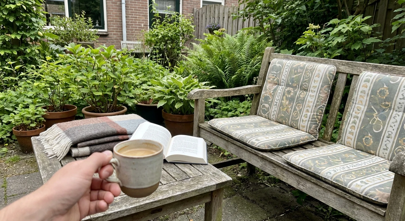 Gezellige tuin met koffie, boek en houten bank