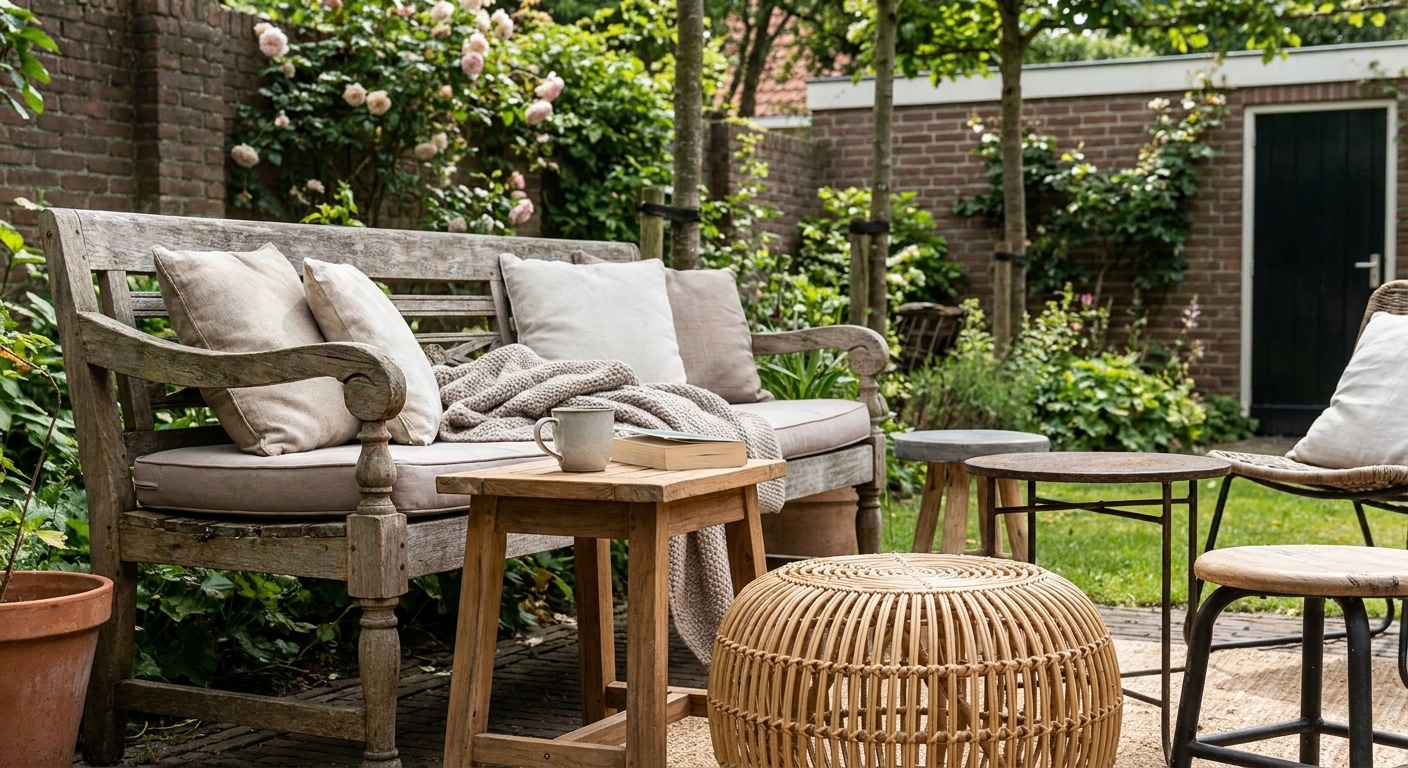 Gezellige tuin met houten bank en kussens
