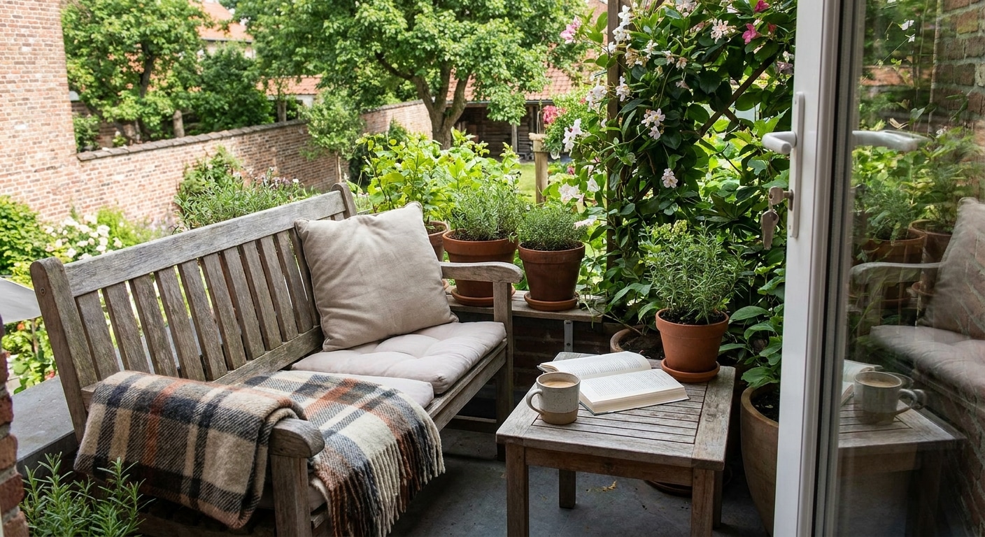 Gezellig balkon met houten bank en planten