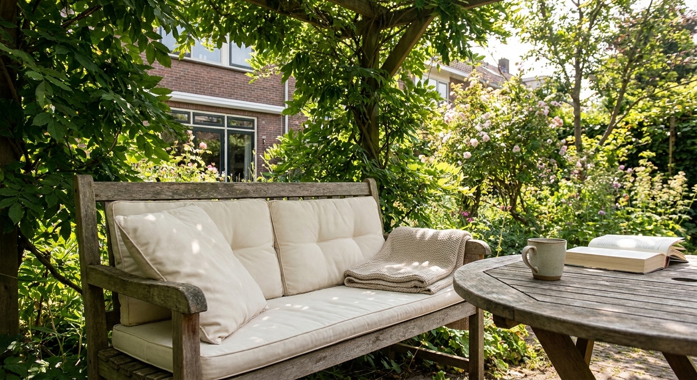 Houten tuinbank met kussens in groene tuin