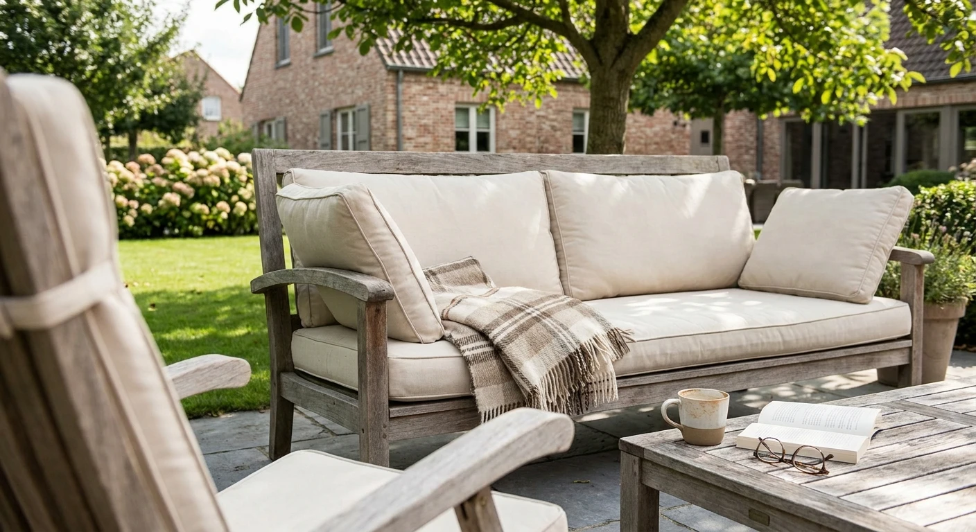 Houten loungebank in zonnige tuin met kussens