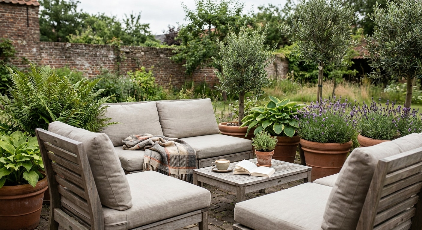 Gezellige tuinlounge met houten meubels en lavendel