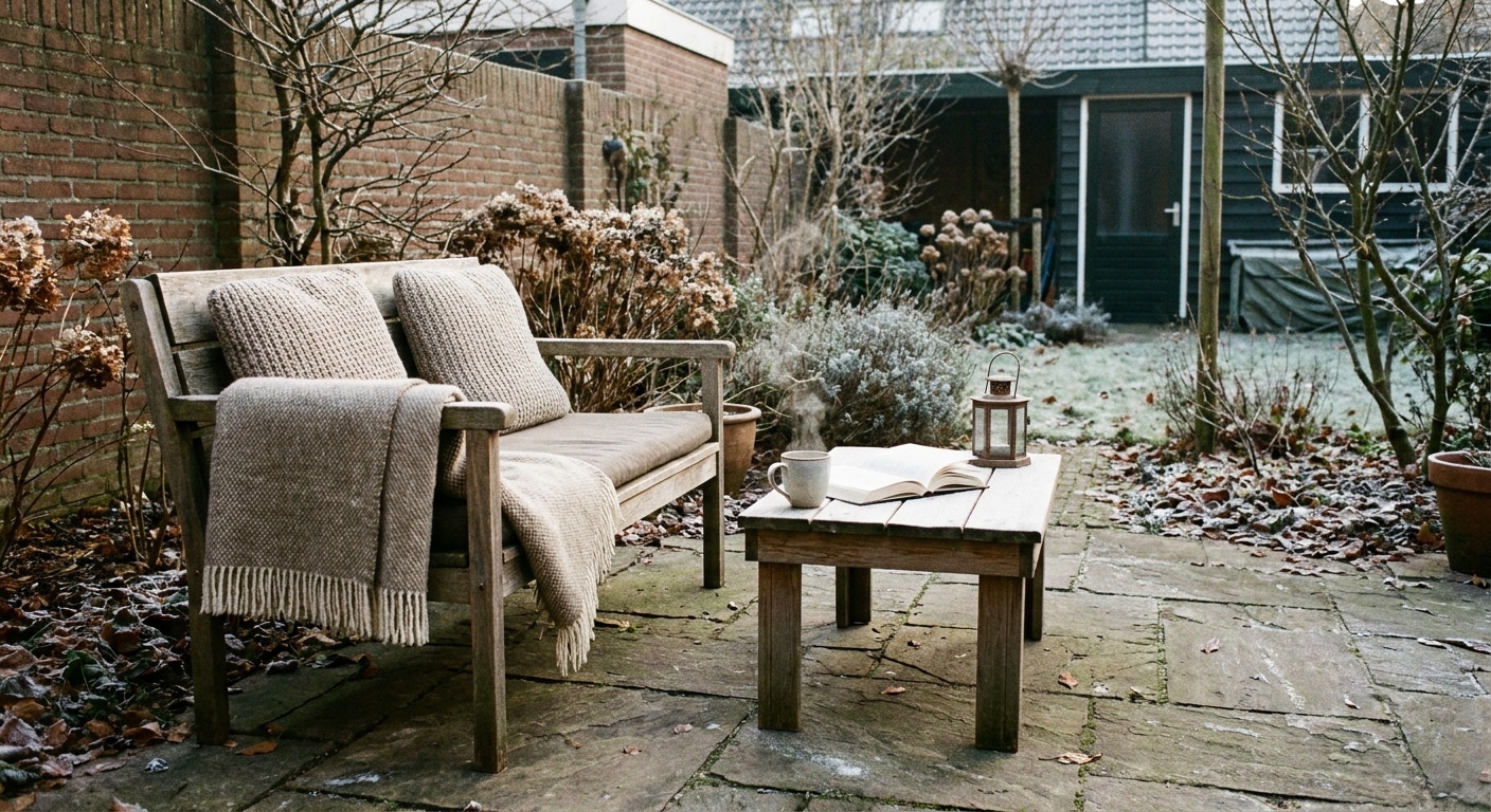Gezellige tuinbank met tafel in wintertuin