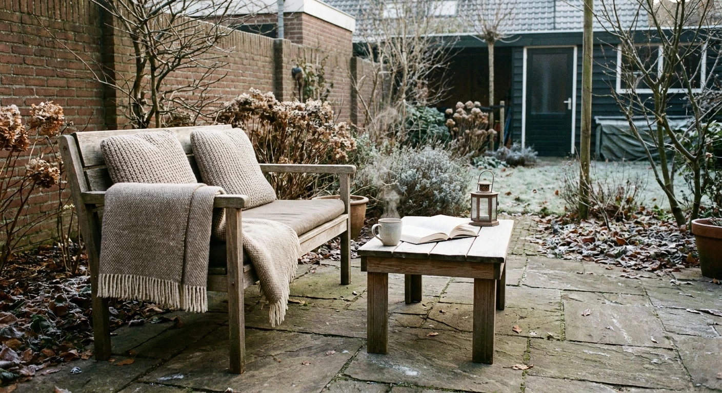 Gezellige tuinbank met tafel in wintertuin