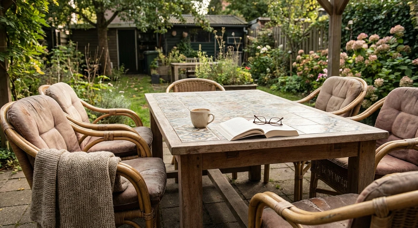 Gezellige tuinset met boek en koffie op tafel