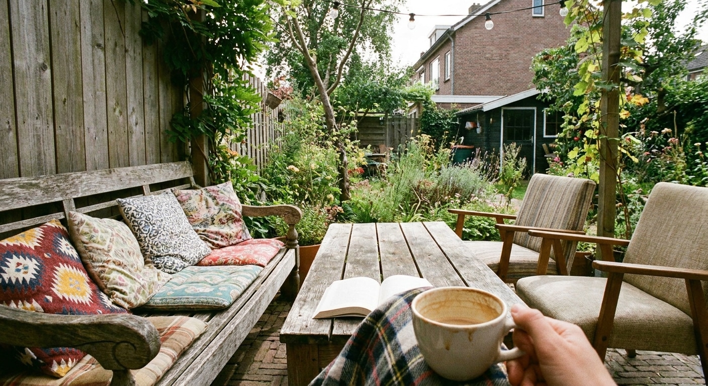 Gezellige tuin met houten meubels en koffie