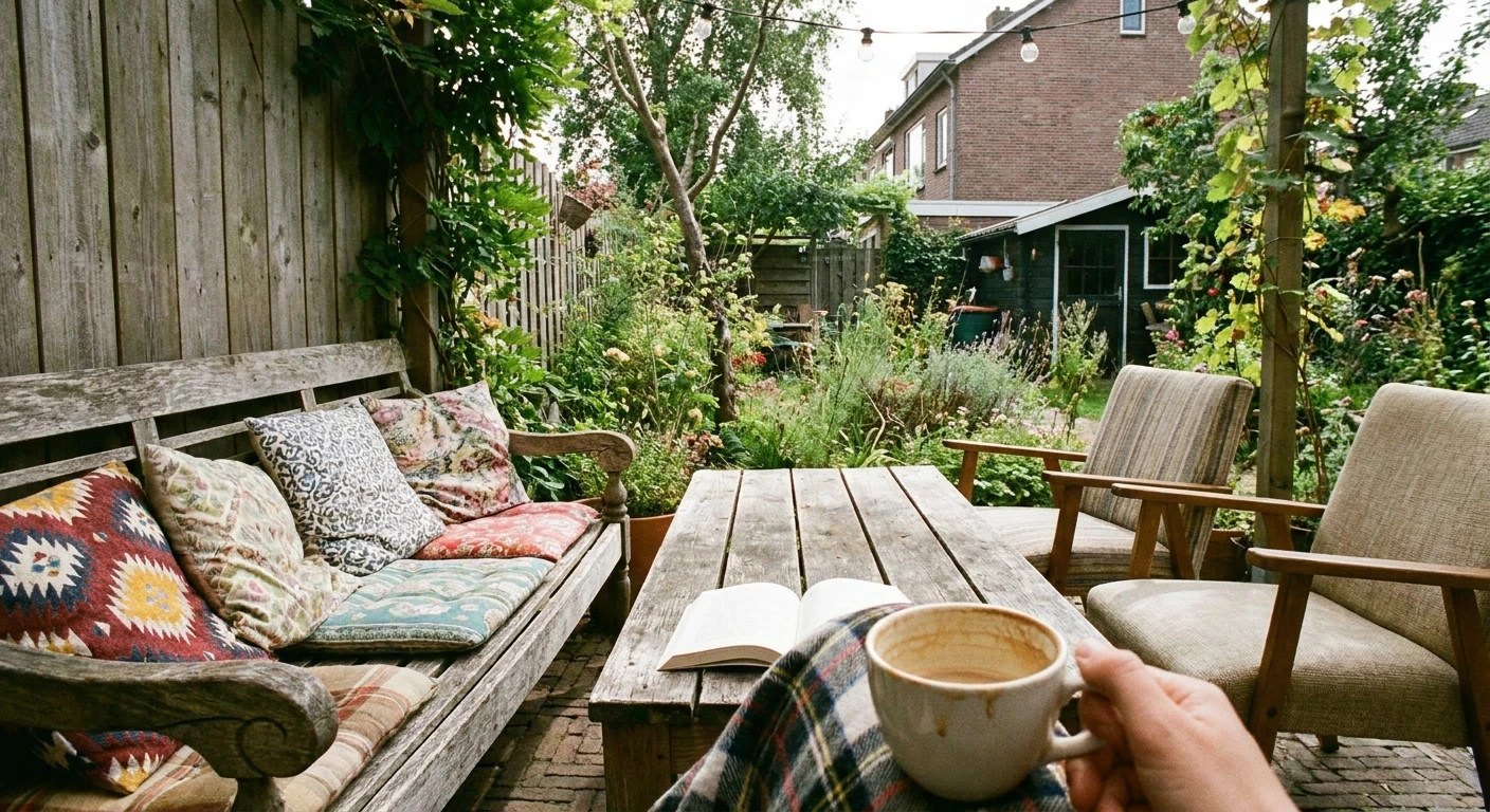 Gezellige tuin met houten meubels en koffie