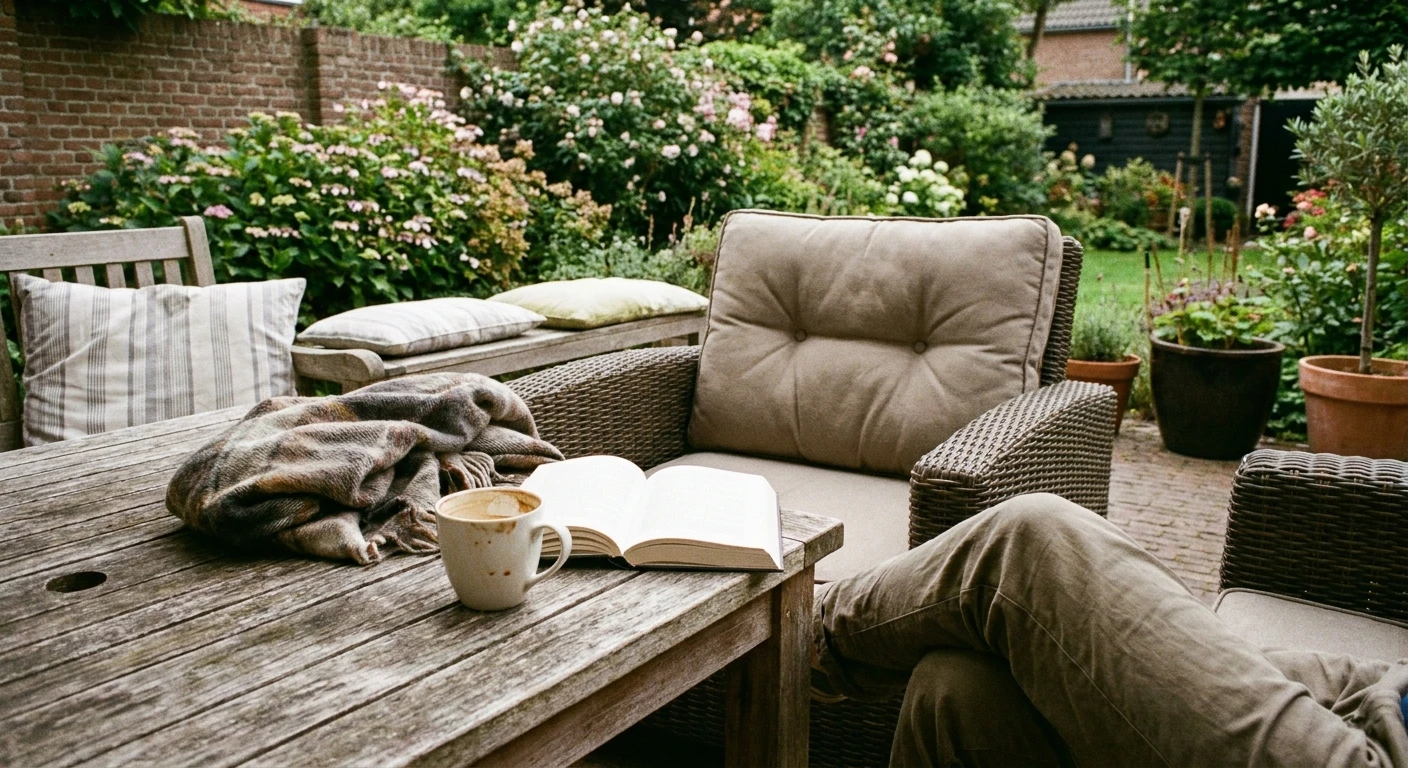 Gezellige tuin met boek en koffie op tafel