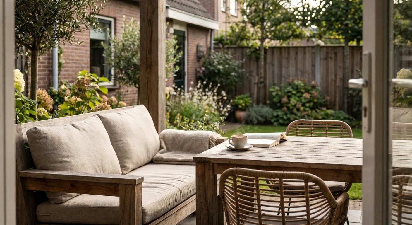Gezellig houten terras met tuin en koffiekop