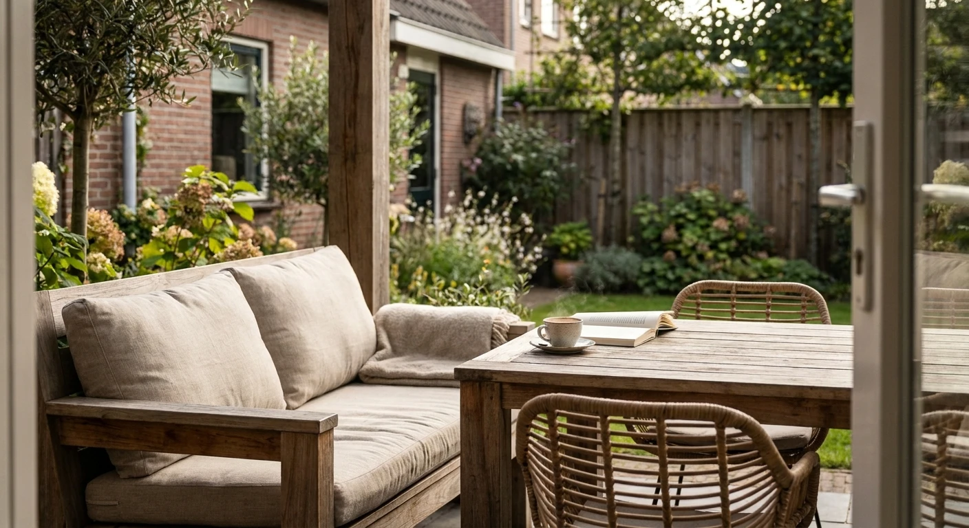 Gezellig houten terras met tuin en koffiekop