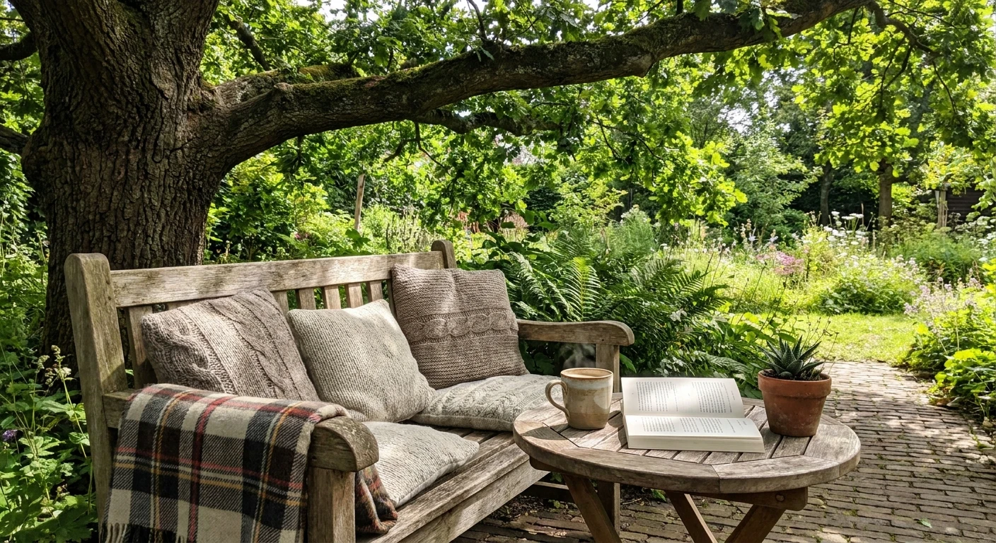 Houten tuinbank met kussens onder grote boom