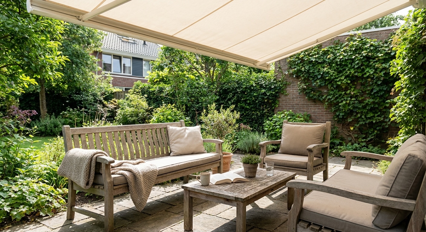 Gezellige tuinpatio met houten zitmeubels en luifel