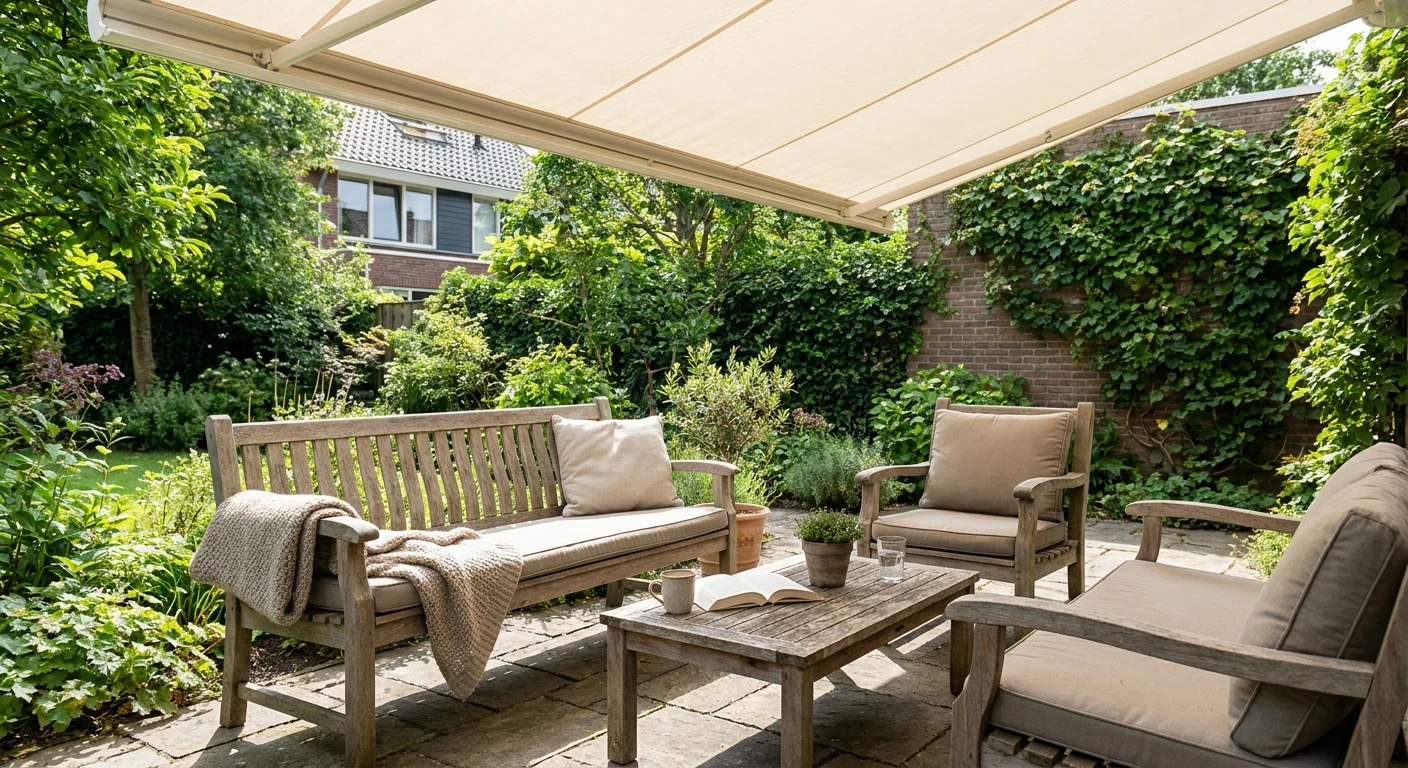 Gezellige tuinpatio met houten zitmeubels en luifel