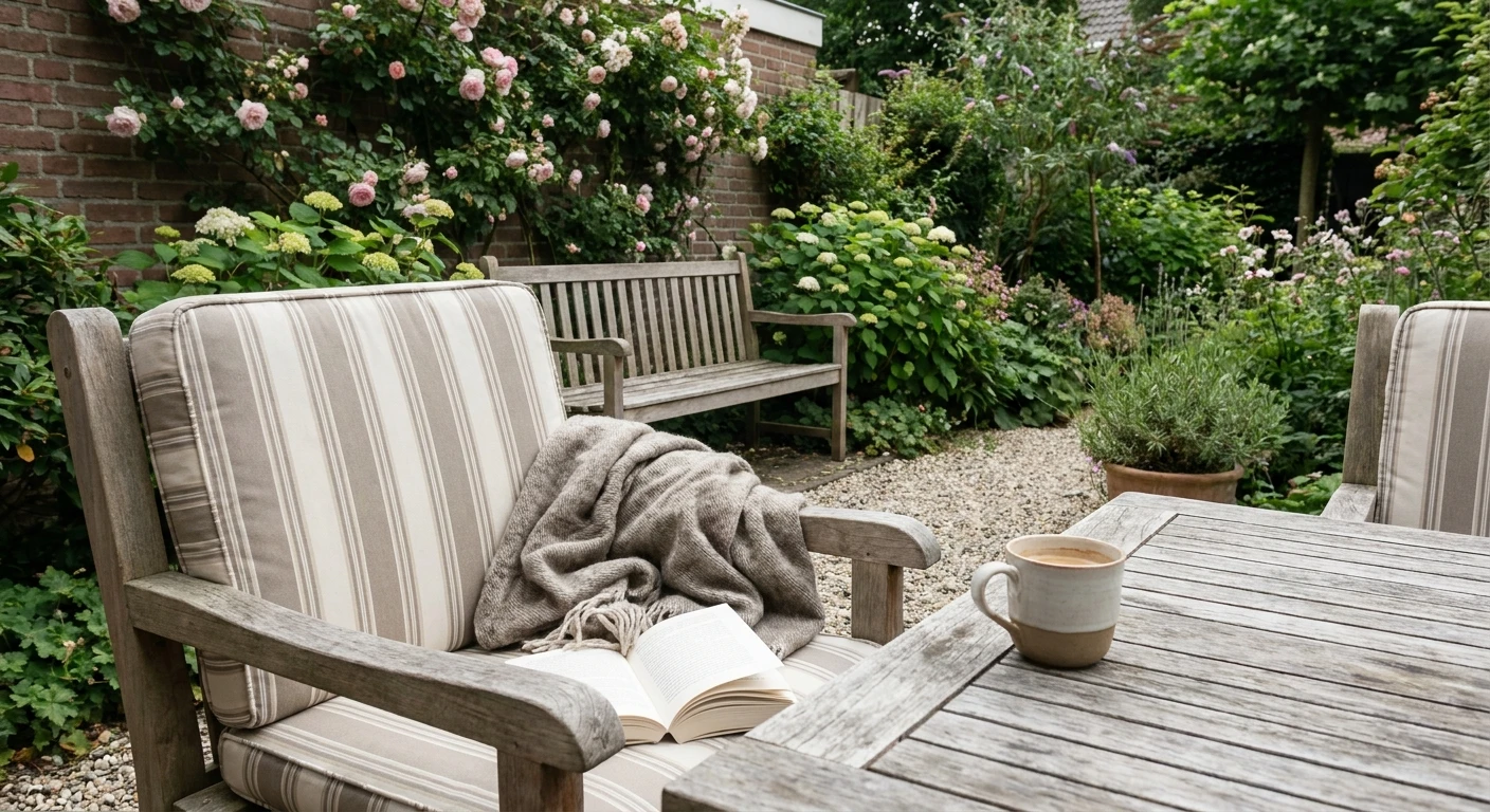 Gezellige tuin met stoel, boek en koffie