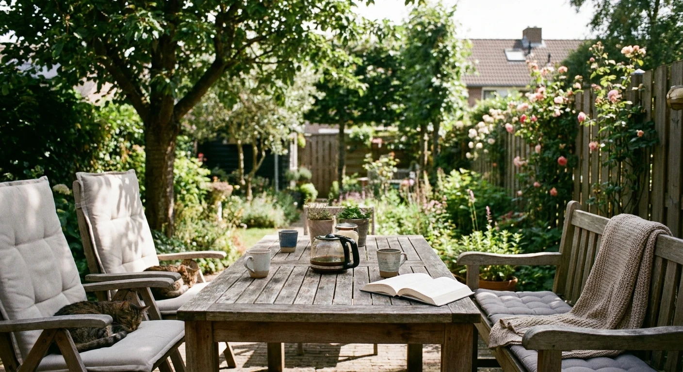 Gezellige tuin met houten tafel en koffie