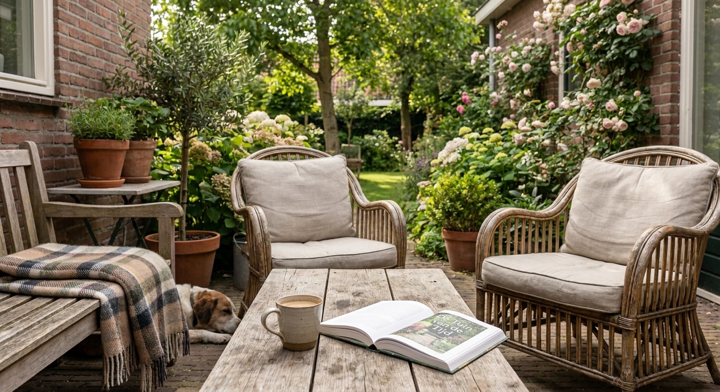 Gezellige tuinpatio met stoelen, boek en koffie
