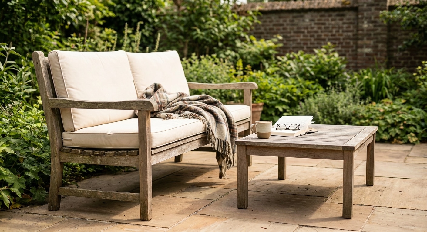 Houten tuinbank met kussens en salontafel