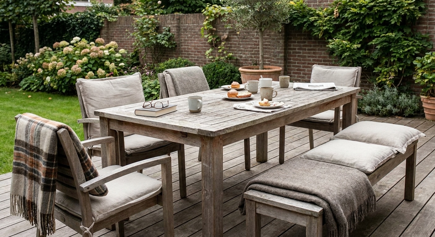 Houten tuintafel met stoelen en koffie op terras