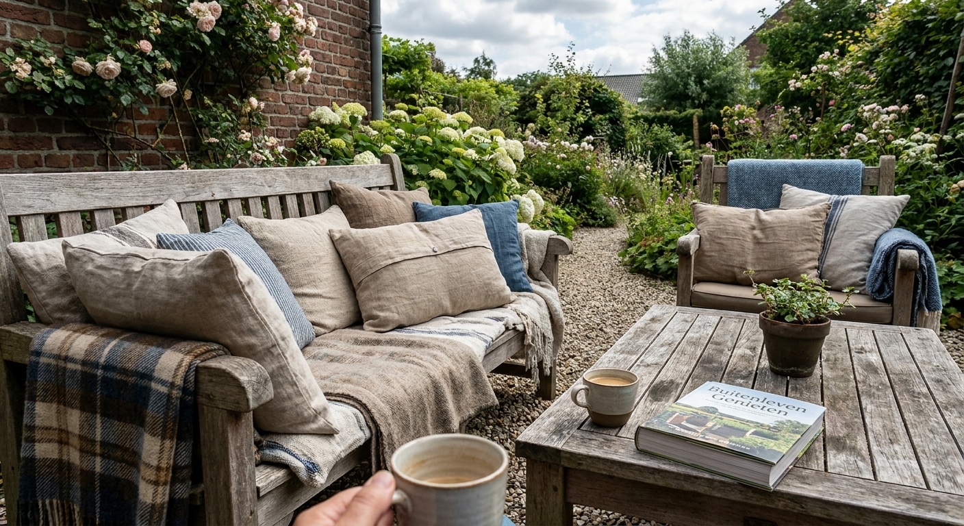 Gezellige tuinset met houten banken en kussens