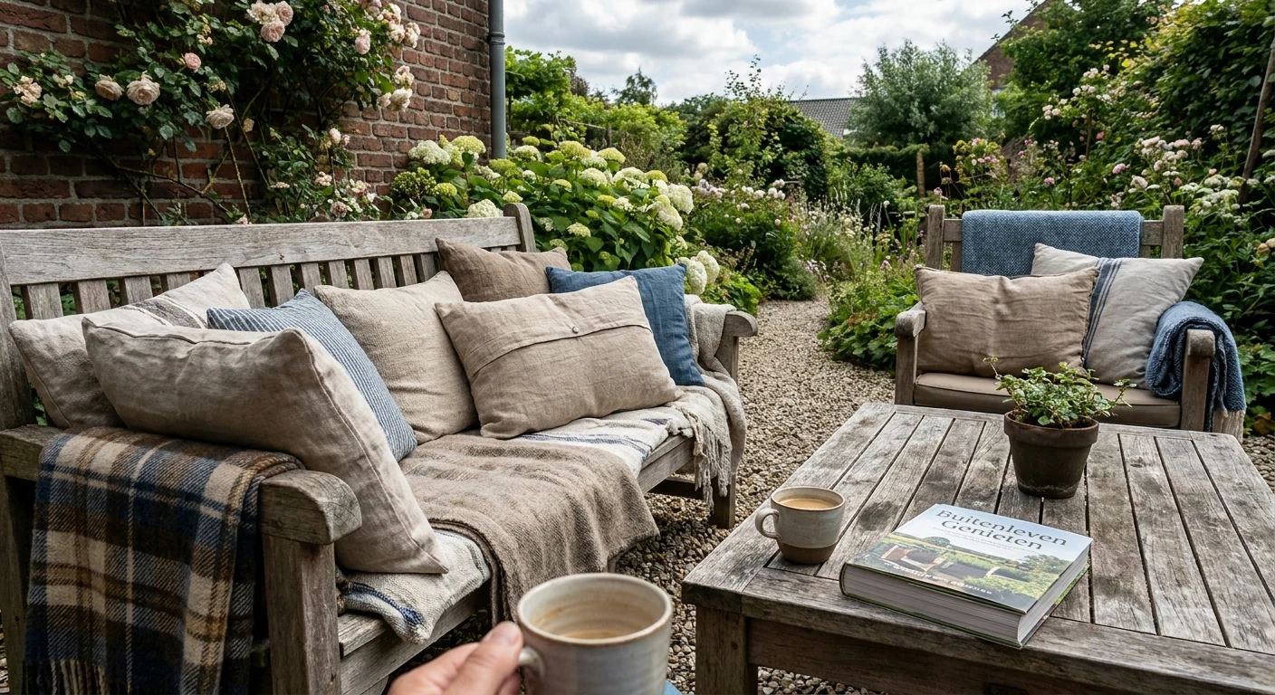 Gezellige tuinset met houten banken en kussens