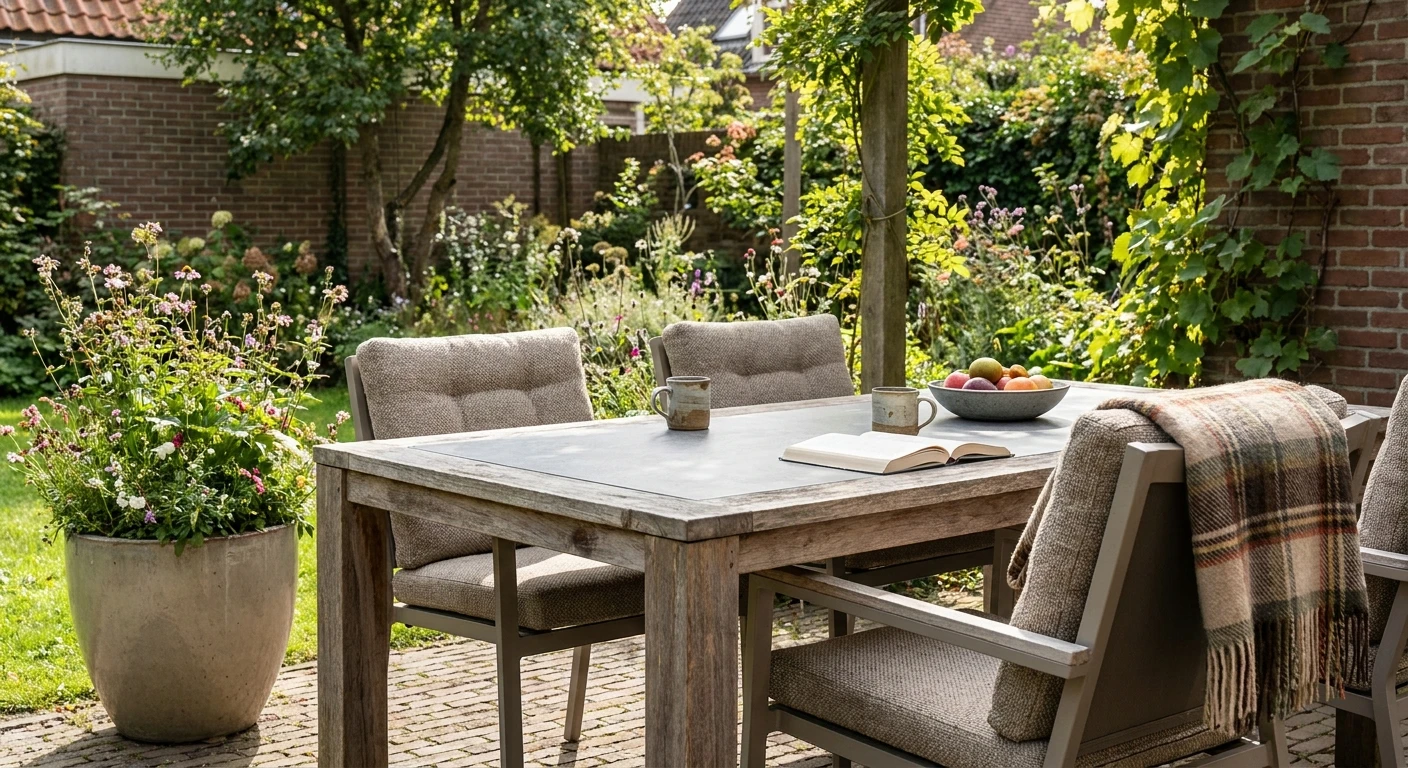 Gezellige tuintafel met stoelen en bloemen