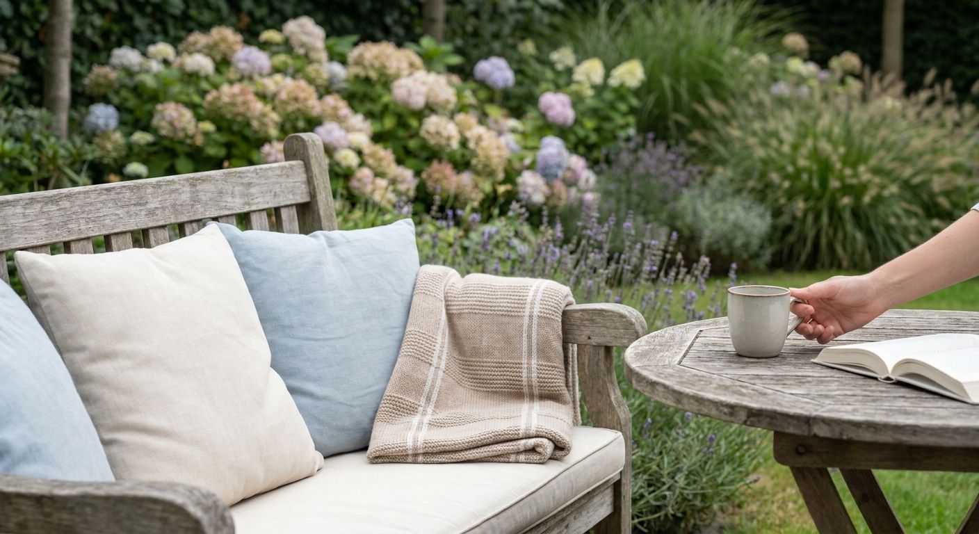 Houten tuinbank met kussens naast tafeltje met koffie