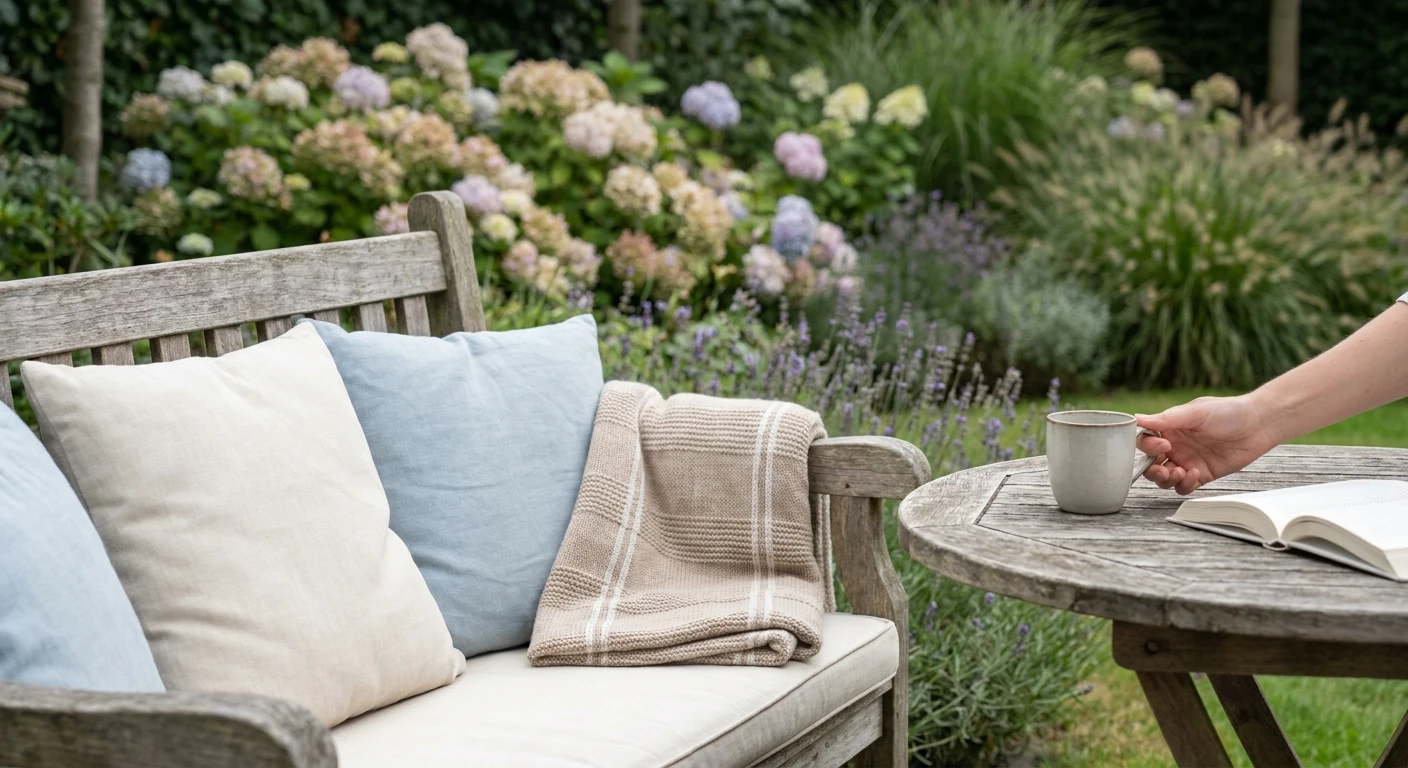 Houten tuinbank met kussens naast tafeltje met koffie