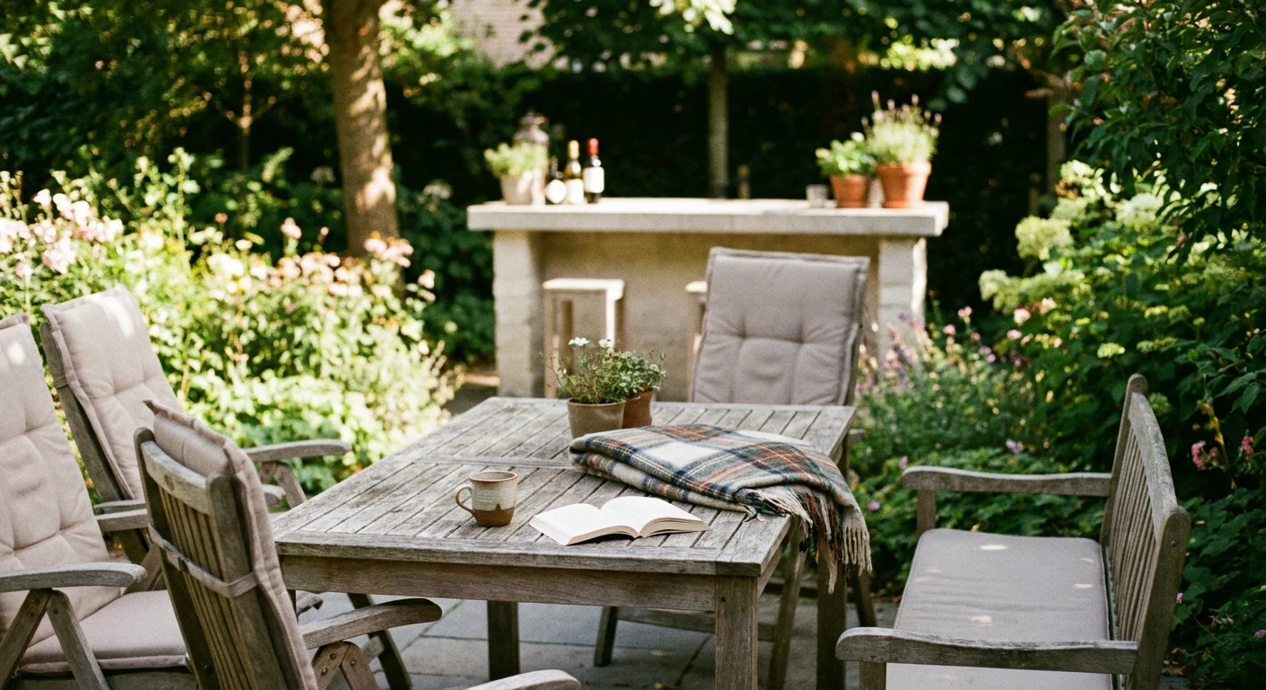Gezellige tuintafel met boek en koffiemok
