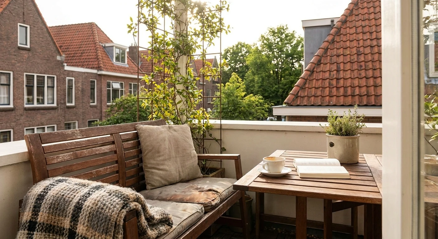 Gezellig balkon met houten bank en koffie
