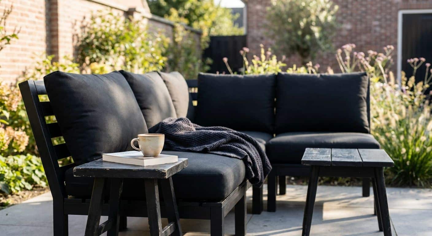Zwarte loungeset met kussens in zonnige tuin
